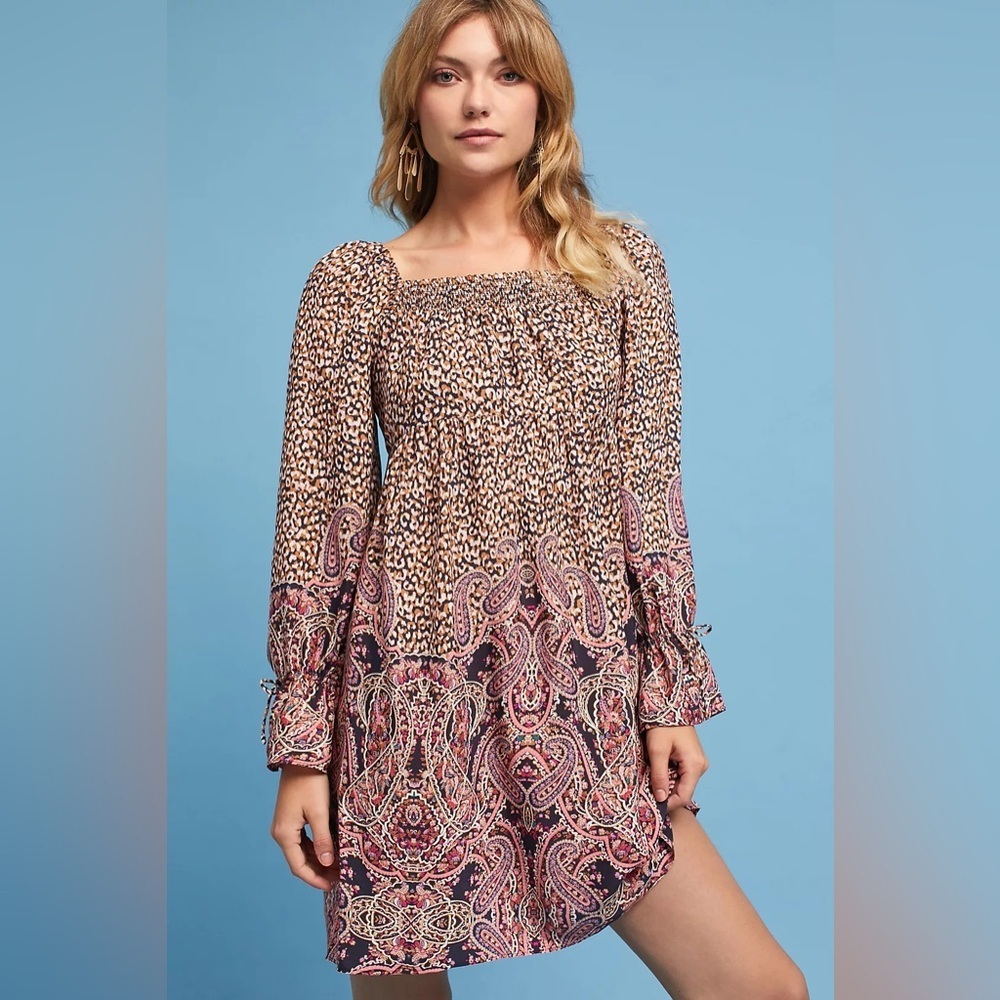 Anthropologie Maeve Milou Paisley Leopard Smocked Long Sleeve Mini Dress EUC S